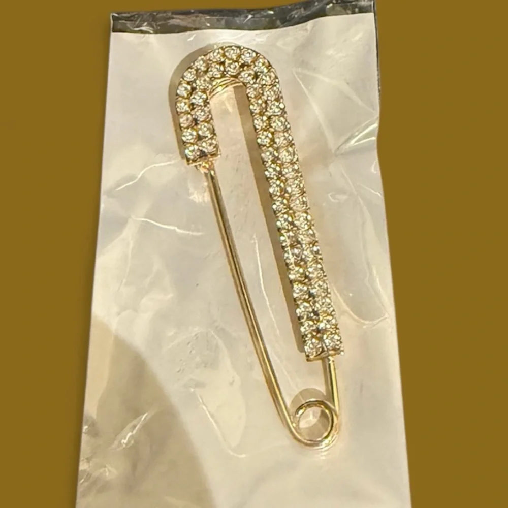 Gold Rhinestone Safety Pin Brooch - Picture 1 of 1